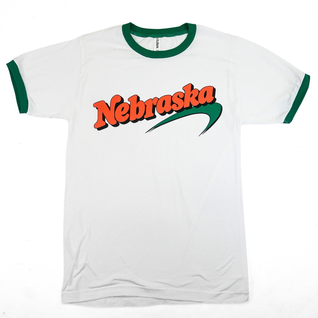Front of Nebraska white ringer T-shirt with green collar and sleeve cuffs