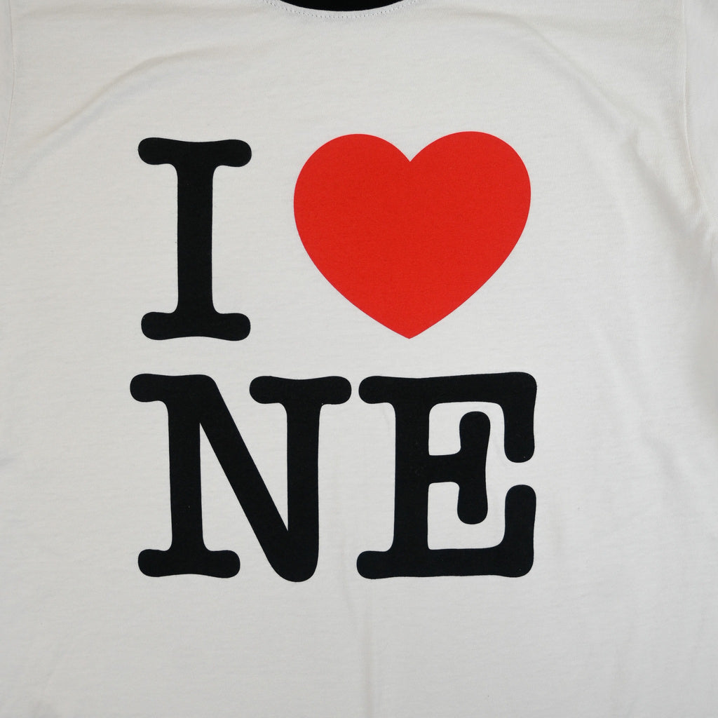 I Love NE print detail with red heart and black lettering