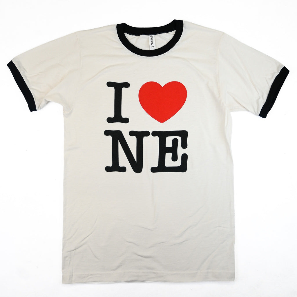 I Love NE ringer tee, white with black neck and sleeve trim, red heart and black Nebraska lettering