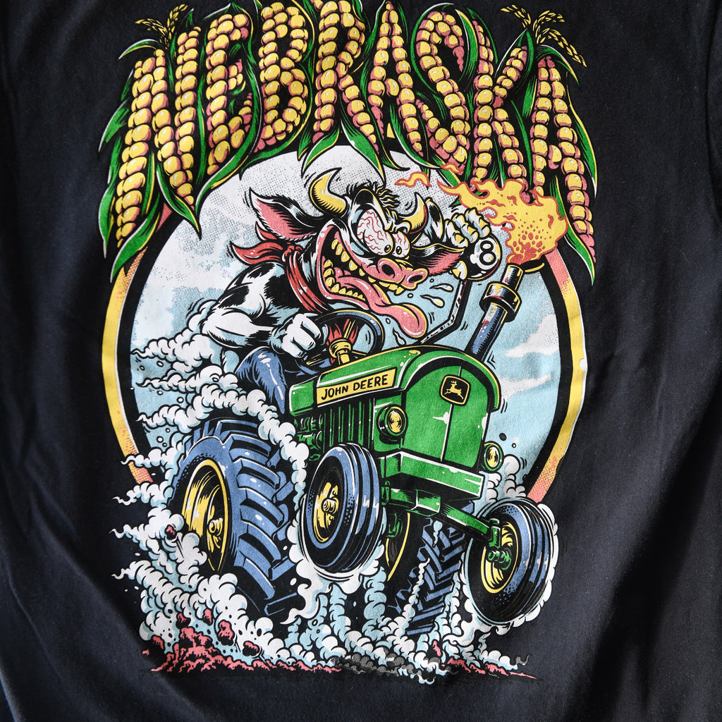 Full Nebraska Corn Fiend back graphic close-up on black fabric