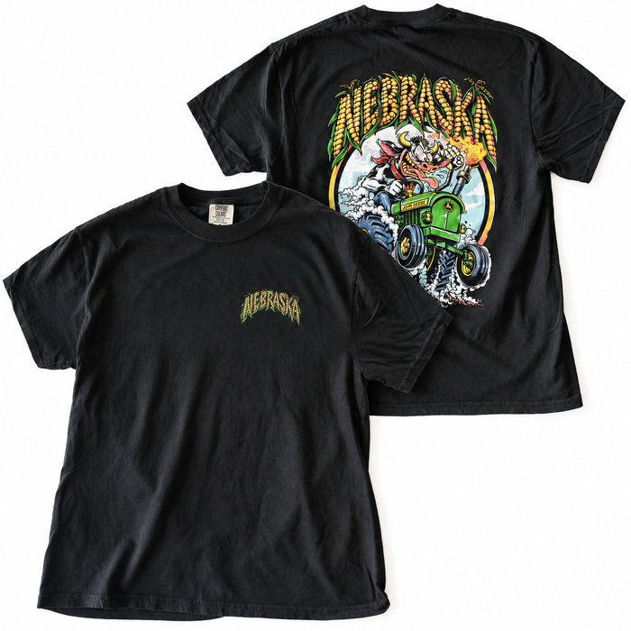 Black Nebraska Corn Fiend Comfort Colors tee, front overlapping back in a square product photo