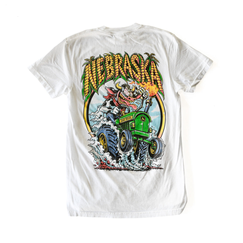 Back of white Comfort Colors Nebraska Corn Fiend tee with cow and tractor illustration