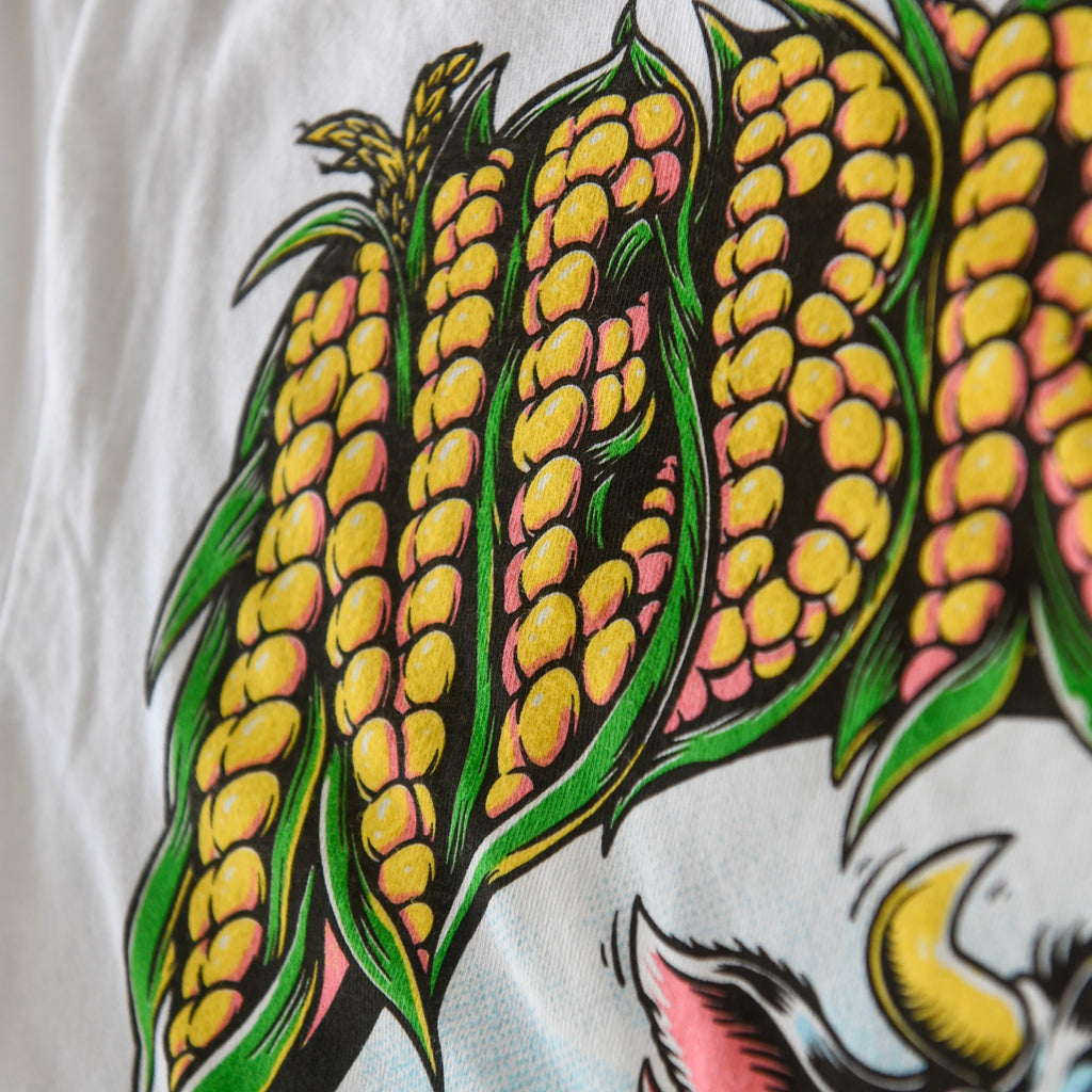 Corn lettering detail on white Nebraska Corn Fiend tee back print