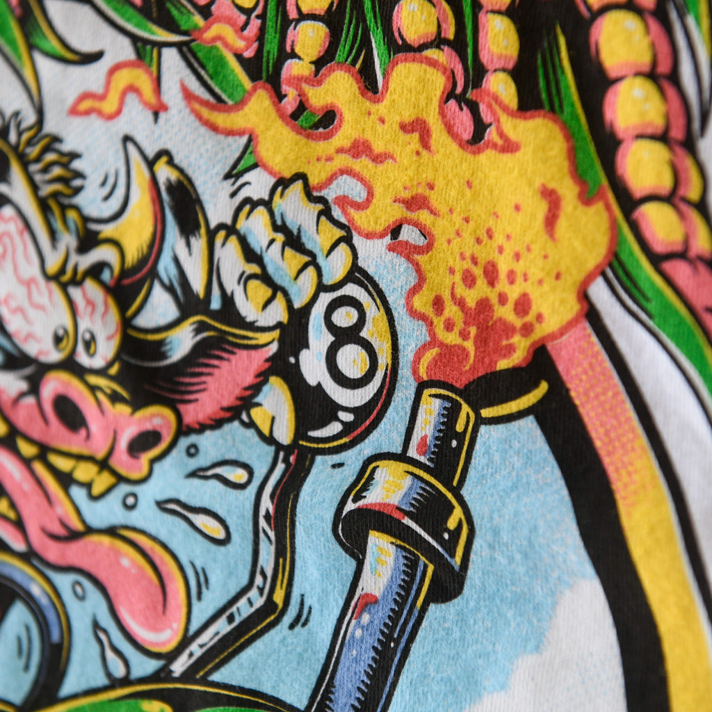 Flames and eight-ball shifter detail on white Nebraska Corn Fiend tee