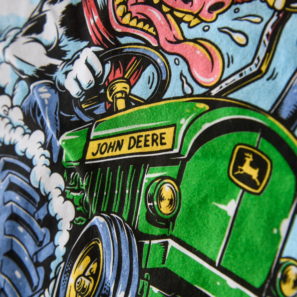 Green tractor detail on white Nebraska Corn Fiend tee