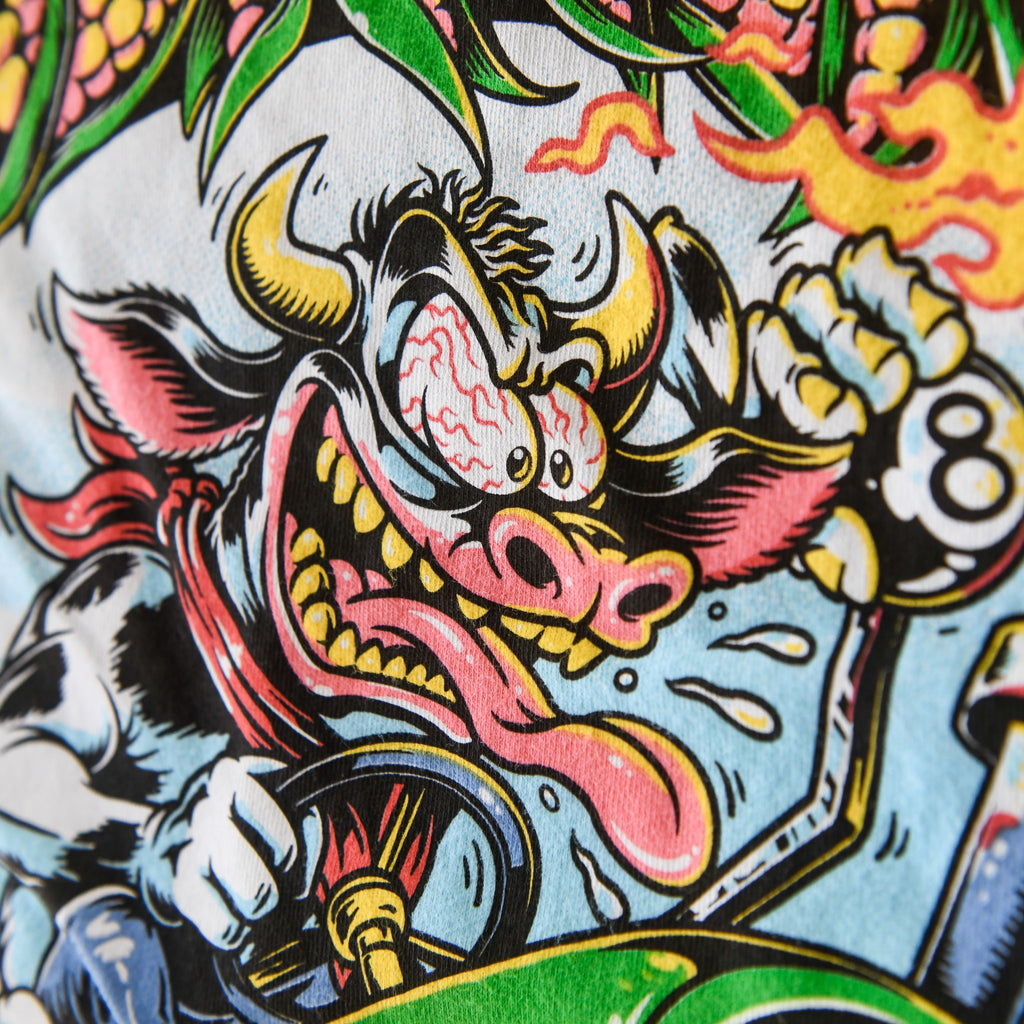 Wild cartoon cow detail on white Nebraska Corn Fiend tee