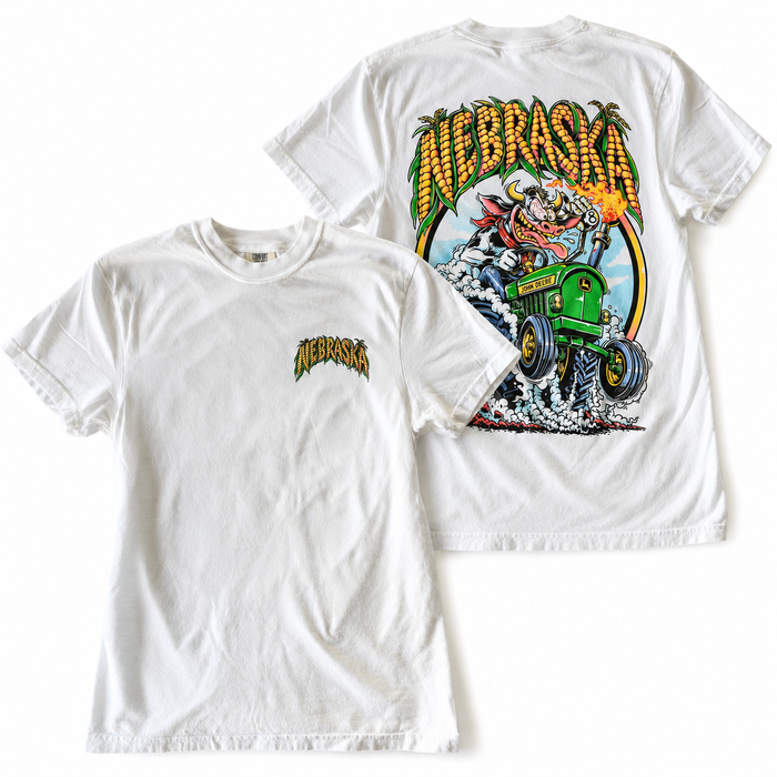 White Nebraska Corn Fiend Comfort Colors tee, front overlapping back in a square product photo
