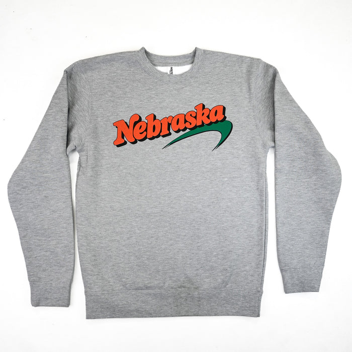 Heather gray Newbraska 100s crewneck sweatshirt with orange Nebraska lettering and green swoosh, front view