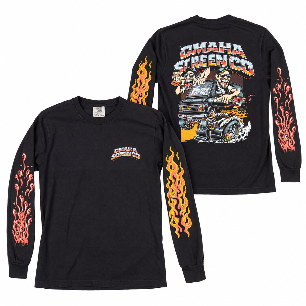 Omaha Screen Co black long sleeve tee shown front and back, featuring van artwork and custom sleeve prints