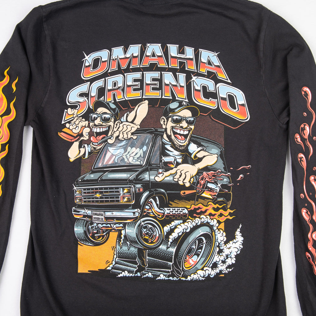 Oversized Omaha Screen Co hot rod van back print and retro lettering
