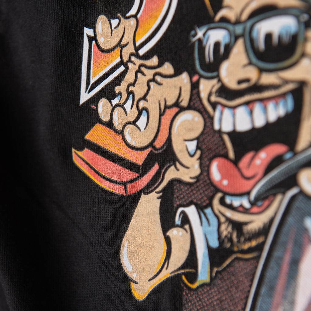 Close-up of cartoon character with sunglasses in the back shirt graphic