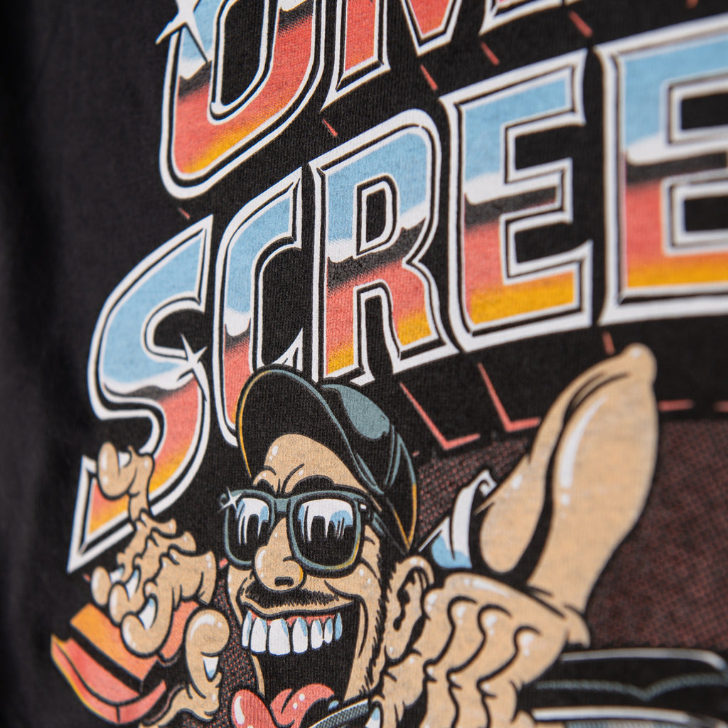 Retro gradient Omaha Screen Co lettering and character close-up on black cotton