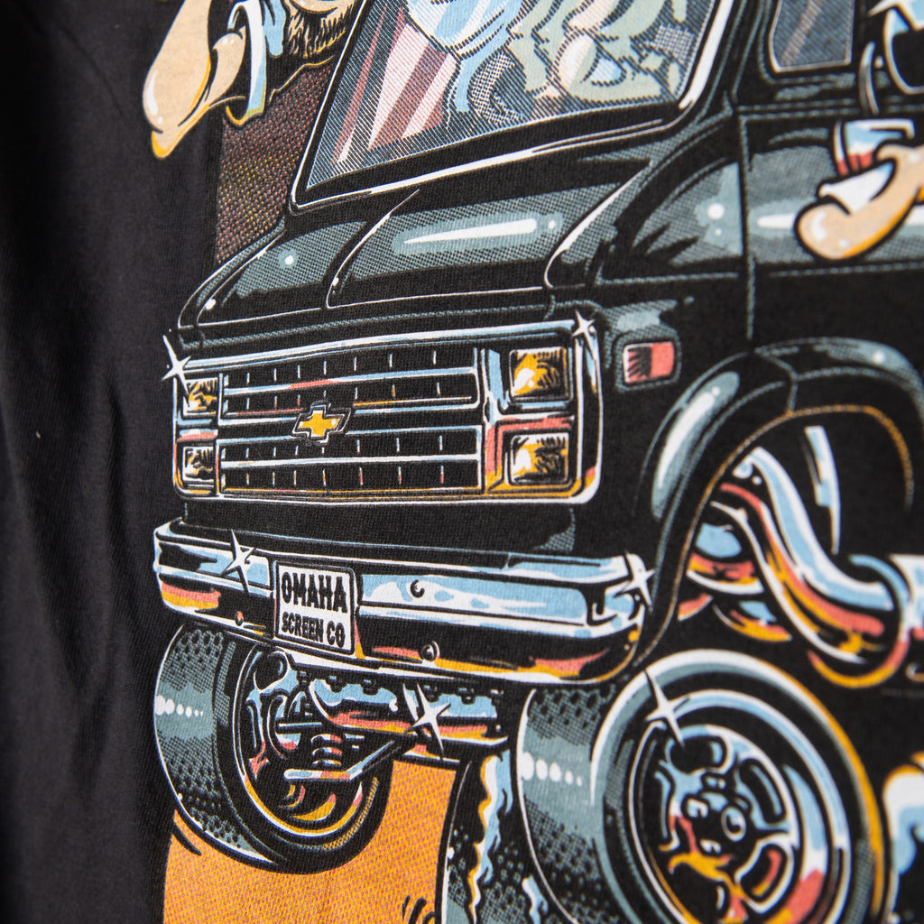 Close-up of Chevrolet van grille illustration on the long sleeve shirt