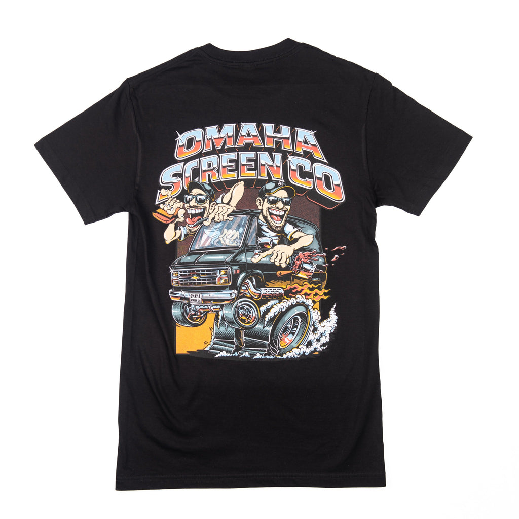 Back of black Omaha Screen Co t-shirt with oversized illustrated hot rod van print