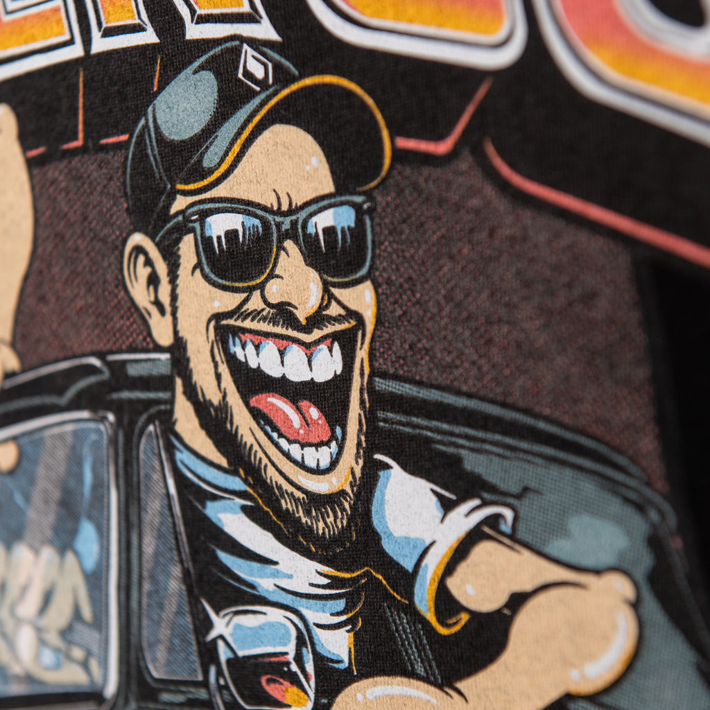 Close-up of cartoon character with sunglasses in the Omaha Screen Co shirt illustration