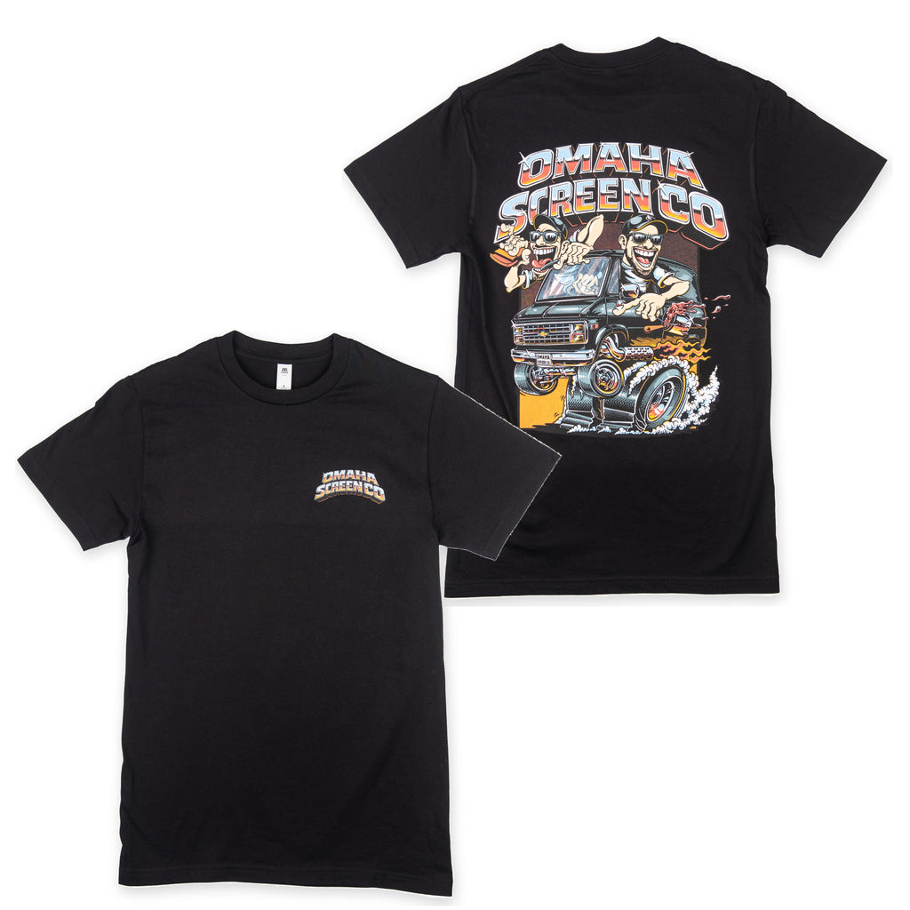 Omaha Screen Co Hot Rod black AS Colour tee front and back on a white background