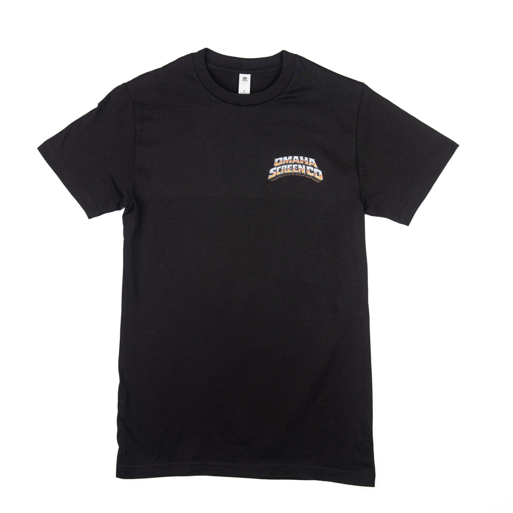 Front of black AS Colour Omaha Screen Co Hot Rod t-shirt with small left chest logo