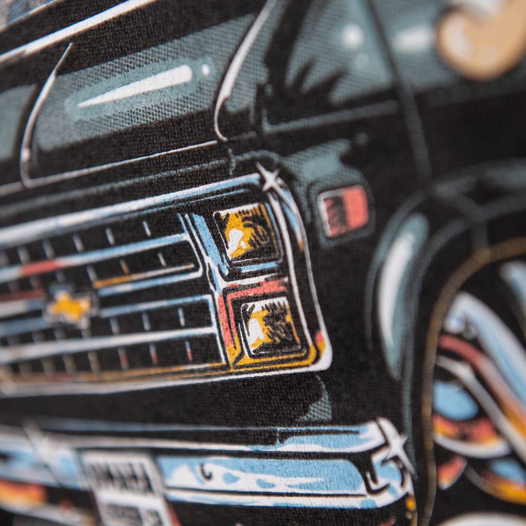 Detailed photo of screen printed hot rod van grille on black tee