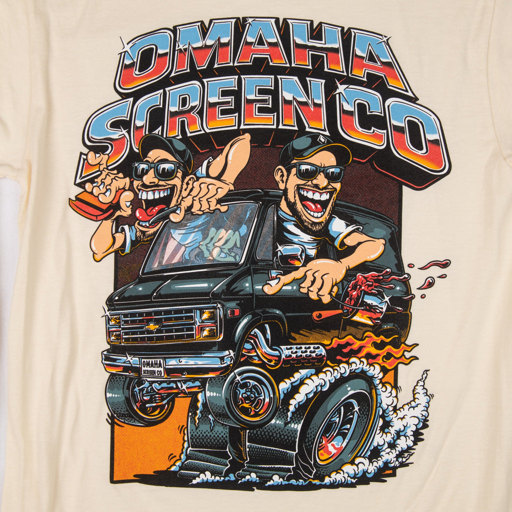 Close-up of full illustrated Omaha Screen Co hot rod van back print on cream shirt