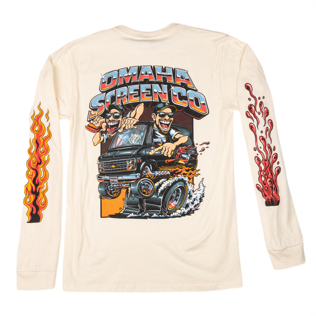 Back of cream Omaha Screen Co long sleeve with van artwork and multicolor sleeve prints