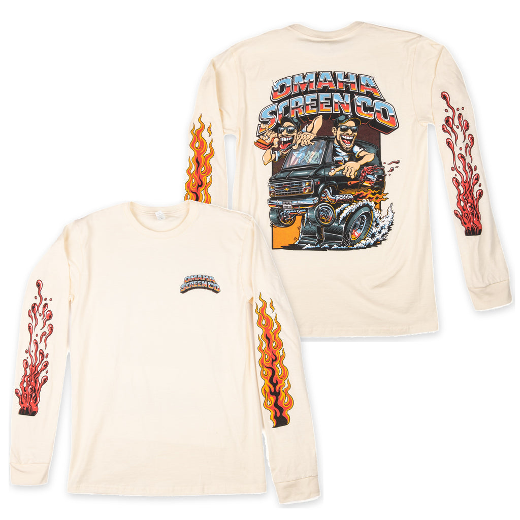 Omaha Screen Co cream Tultex long sleeve shown front and back with hot rod van graphic and flame sleeve prints