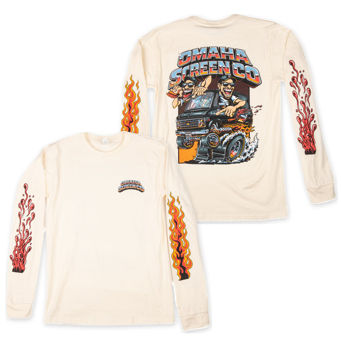Omaha Screen Co cream Tultex long sleeve shown front and back with hot rod van graphic and flame sleeve prints