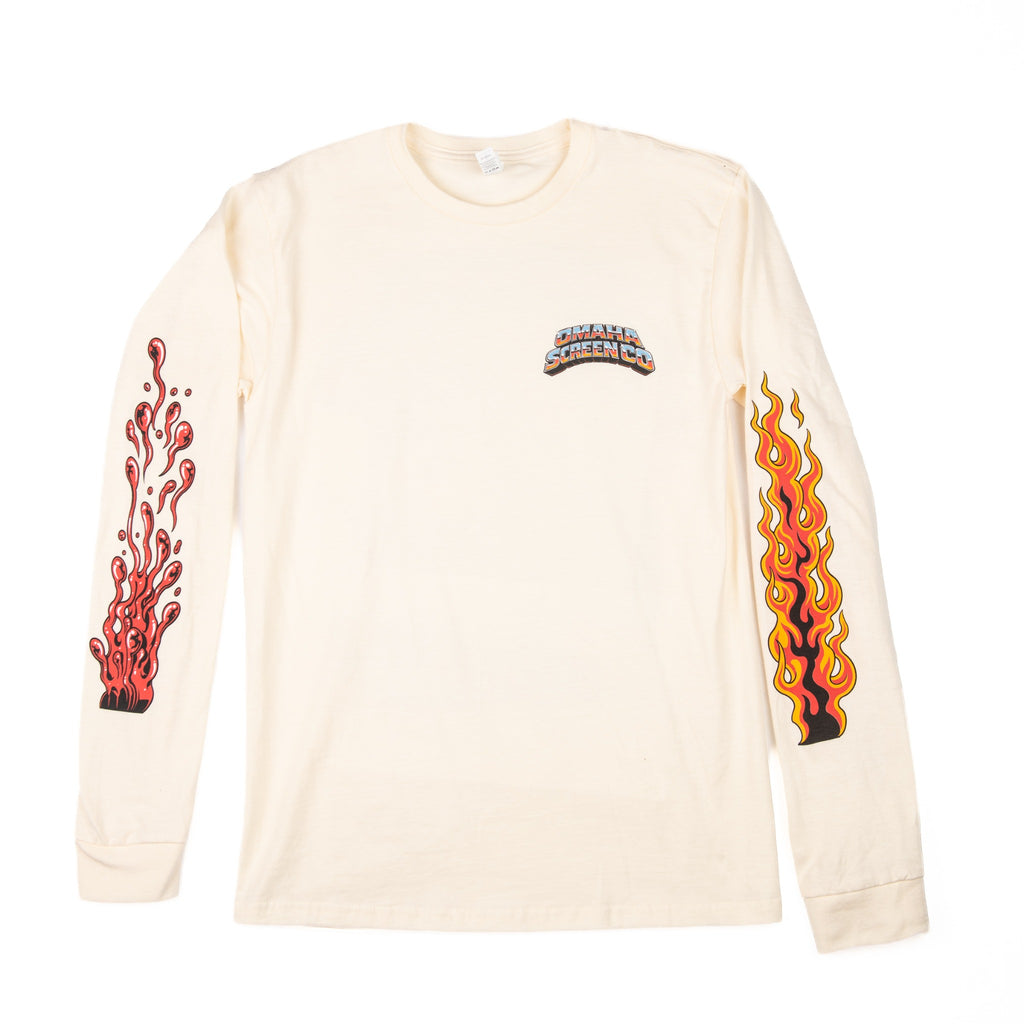 Front of cream Omaha Screen Co Tultex long sleeve with printed logo, flame sleeve and red ink splash