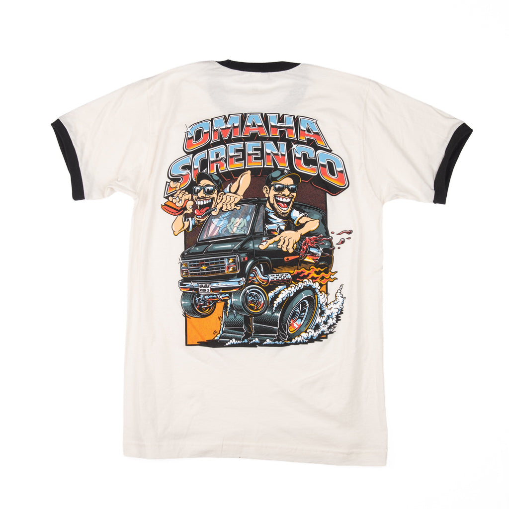Back of cream Tultex ringer t-shirt with colorful illustrated hot rod van graphic