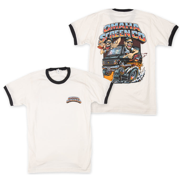 Omaha Screen Co Hot Rod cream Tultex ringer tee front and back with black collar and cuffs