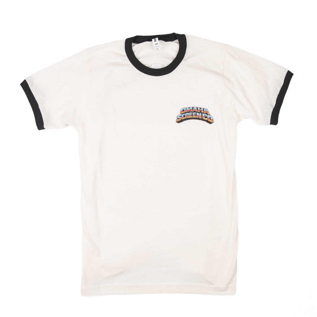 Front of cream Tultex ringer t-shirt with black trim and small Omaha Screen Co chest logo